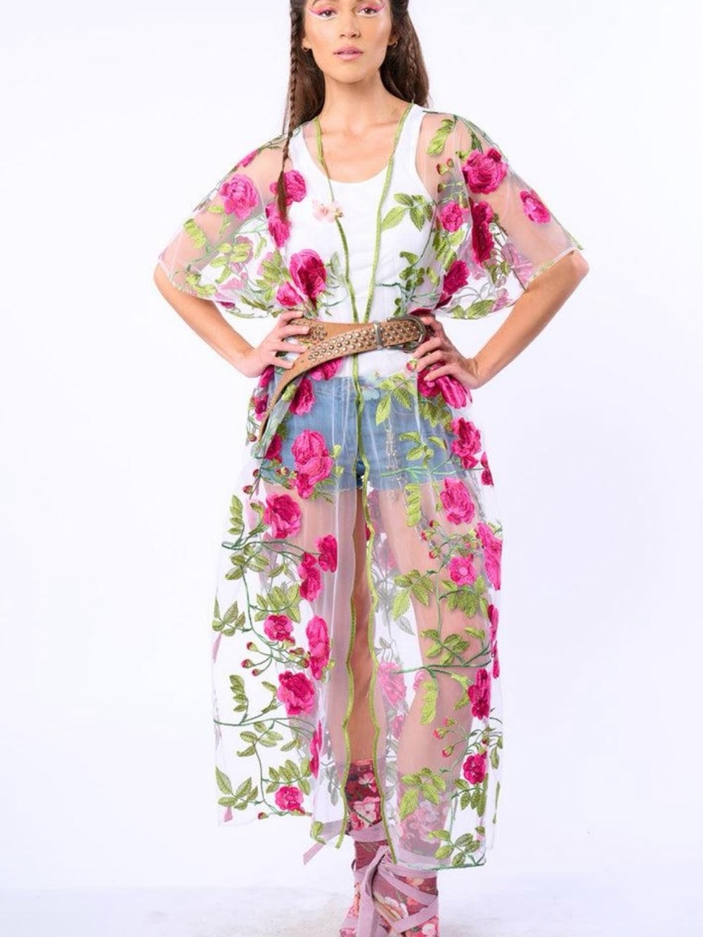 Aratta Sheer Floral Embroidered Duster - Pink